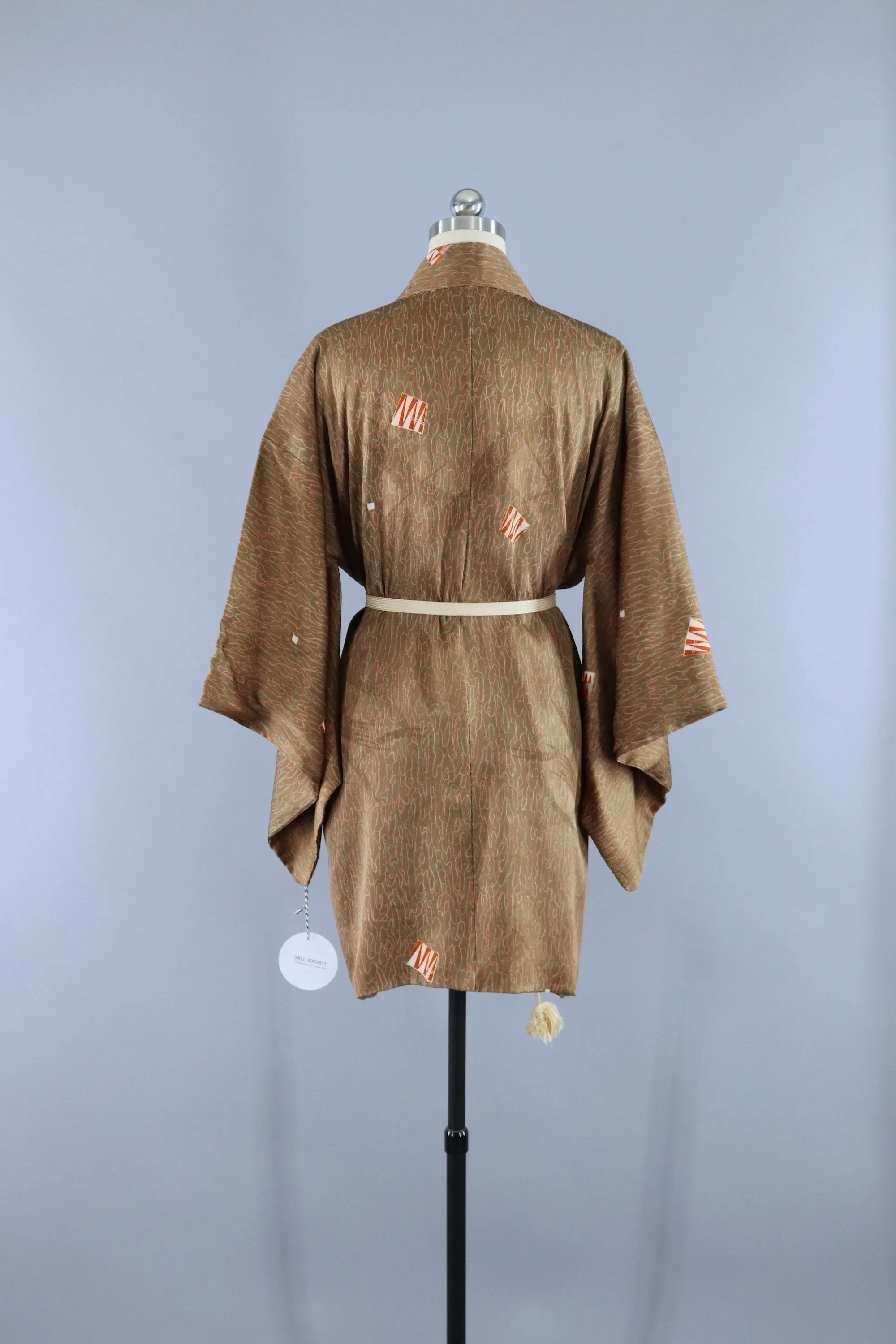 Vintage 1940s Silk Haori Kimono Cardigan Jacket / Art Deco Tan & Peach Abstract