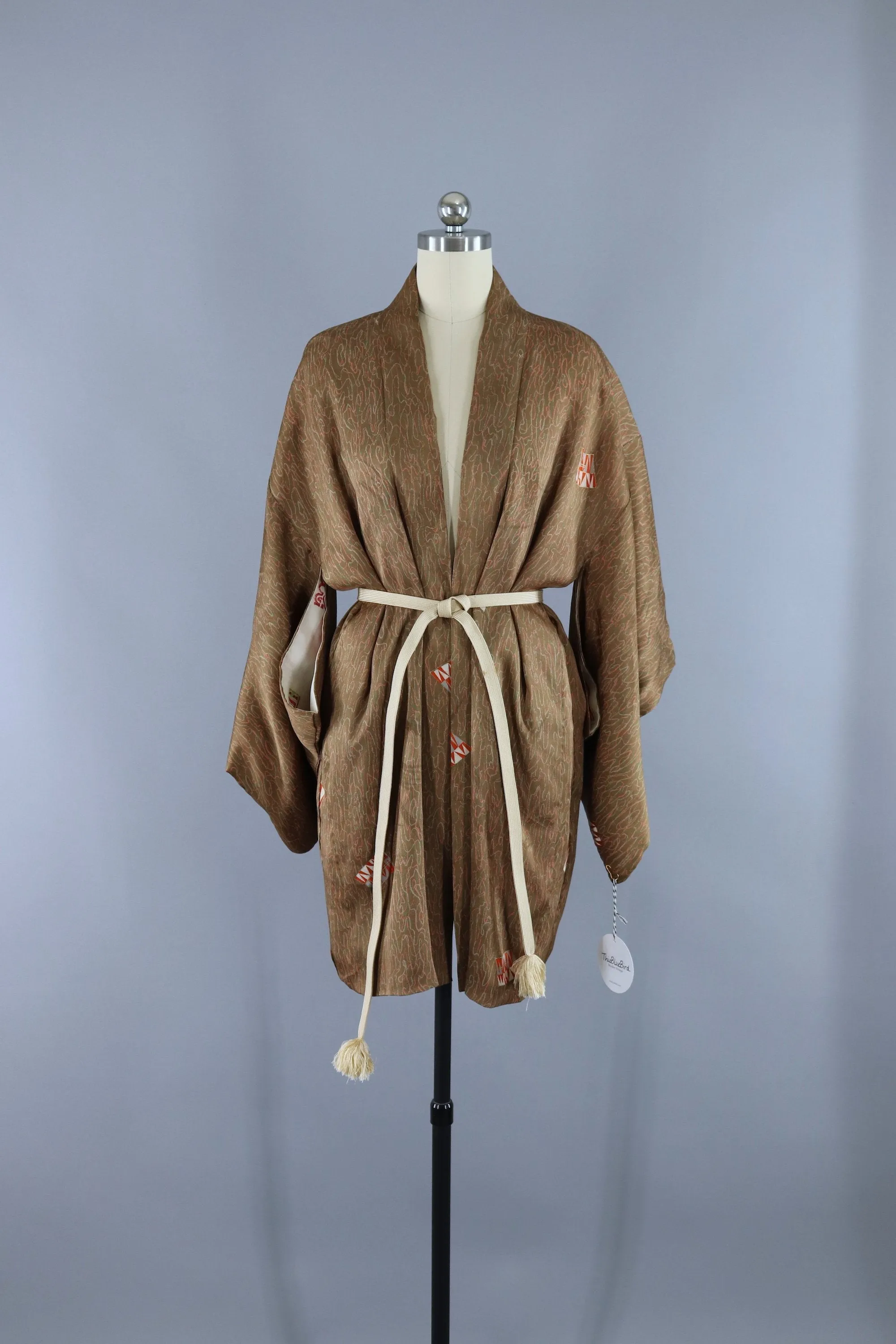 Vintage 1940s Silk Haori Kimono Cardigan Jacket / Art Deco Tan & Peach Abstract