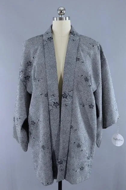 Vintage 1960s Silk Kimono Cardigan / Slate Grey Shibori
