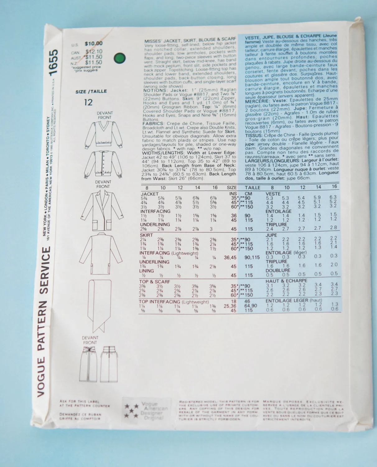 Vintage 80s Vogue American Designer 1655 Pattern Bill Blass Avant Garde Suit,Jacket, Skirt, Blouse and Scarf Sewing Pattern UNCUT