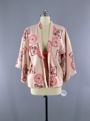 Vintage Kimono Cardigan / Pale Pastel Pink Mod Floral Print