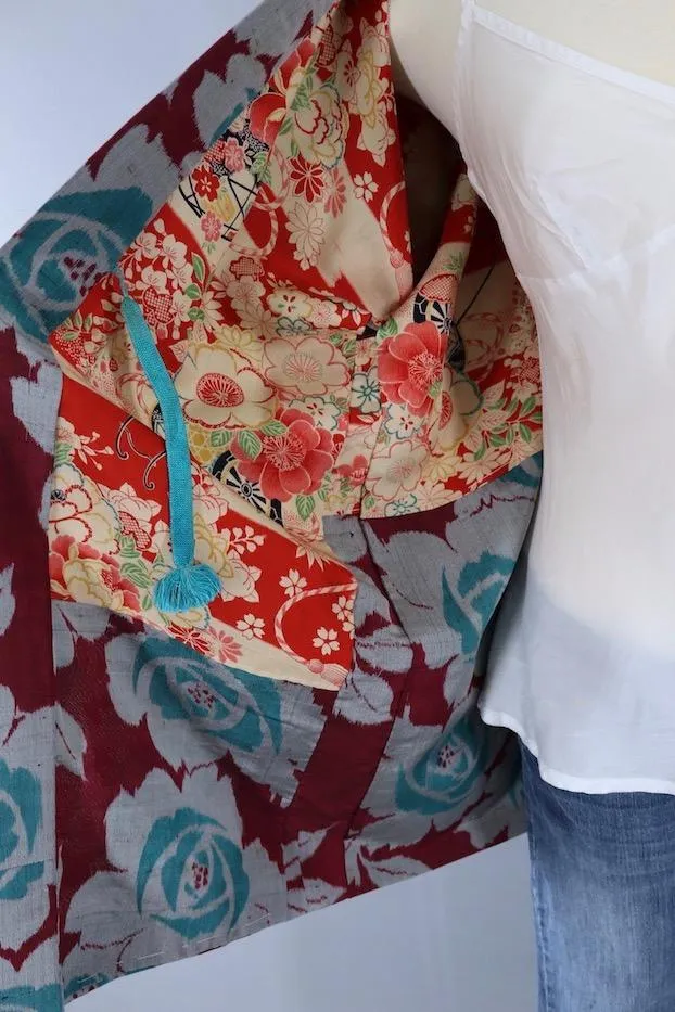 Vintage Silk Kimono Cardigan / Red & Green Meisen Floral