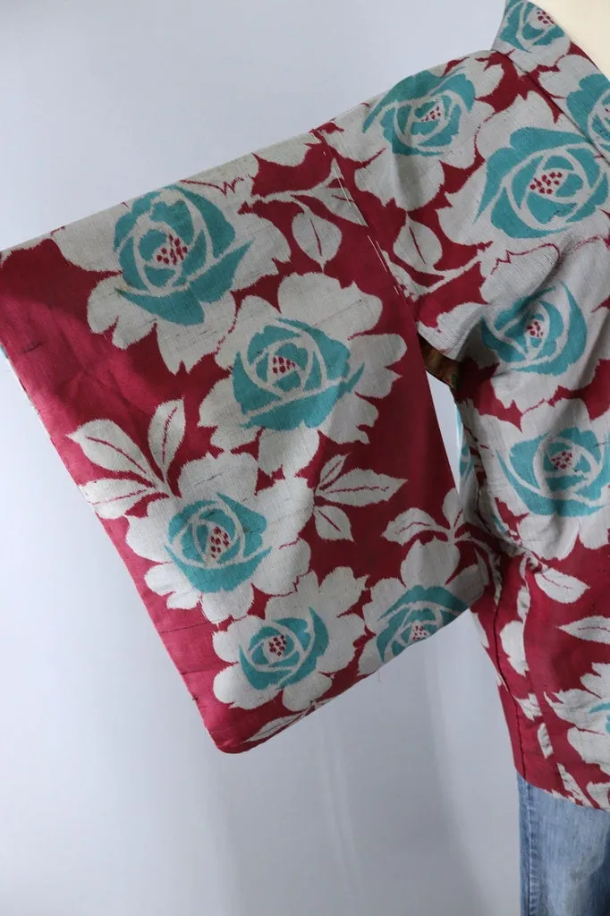 Vintage Silk Kimono Cardigan / Red & Green Meisen Floral