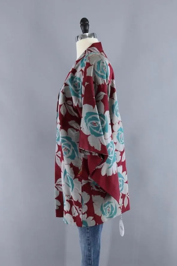 Vintage Silk Kimono Cardigan / Red & Green Meisen Floral