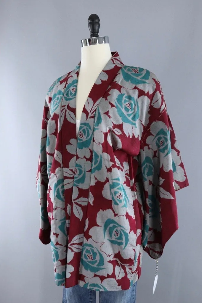 Vintage Silk Kimono Cardigan / Red & Green Meisen Floral