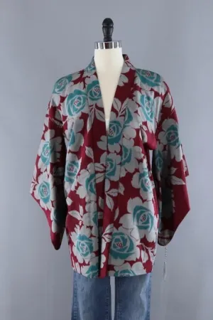 Vintage Silk Kimono Cardigan / Red & Green Meisen Floral
