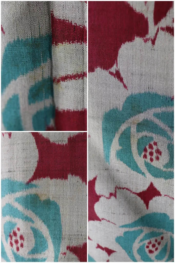 Vintage Silk Kimono Cardigan / Red & Green Meisen Floral