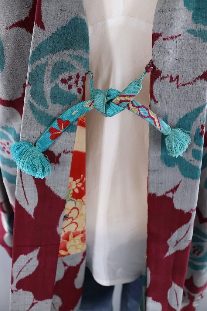 Vintage Silk Kimono Cardigan / Red & Green Meisen Floral