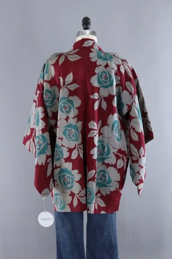 Vintage Silk Kimono Cardigan / Red & Green Meisen Floral