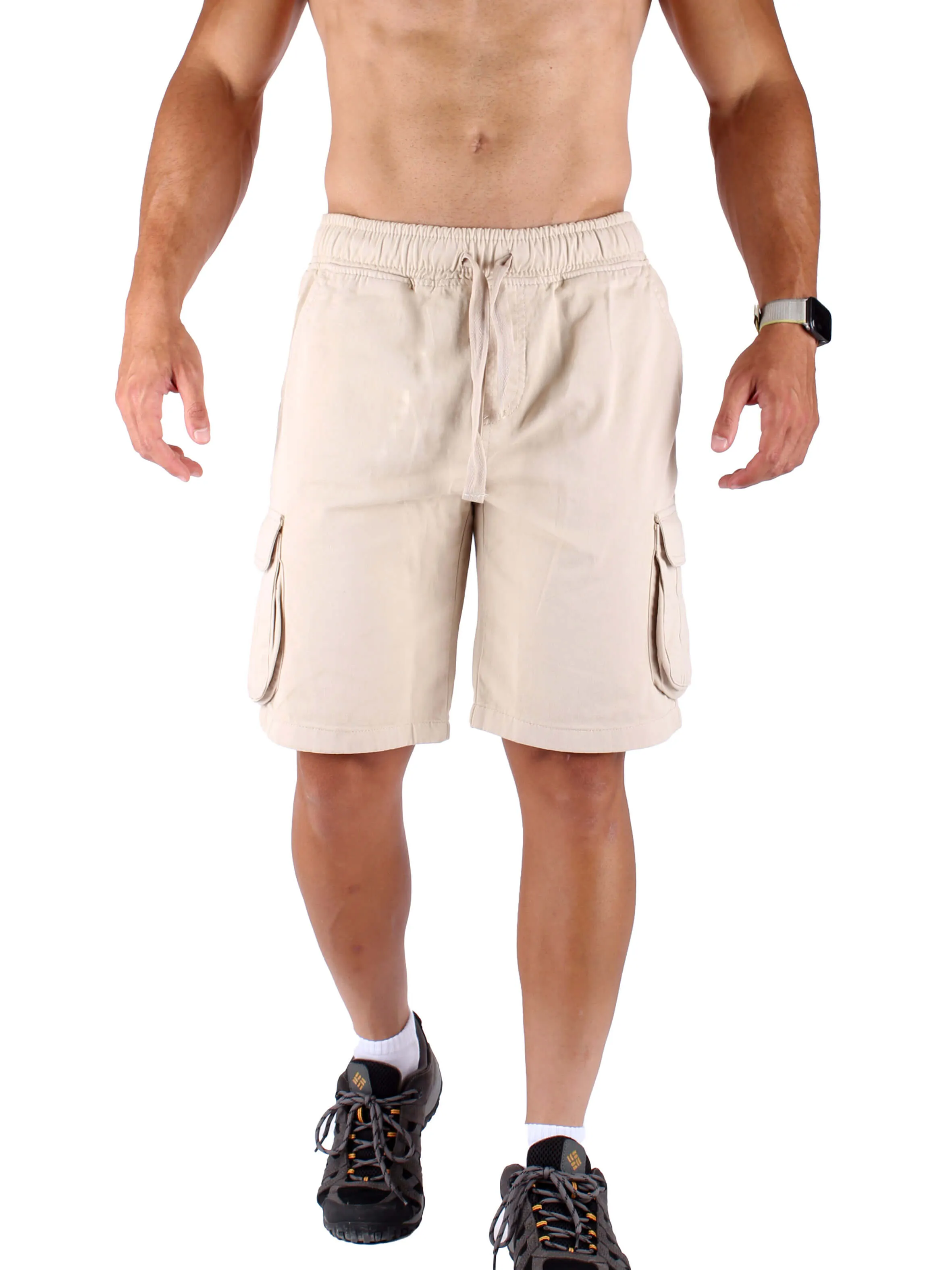 Washed Cargo Shorts With Elastic Waist For Men - Beige