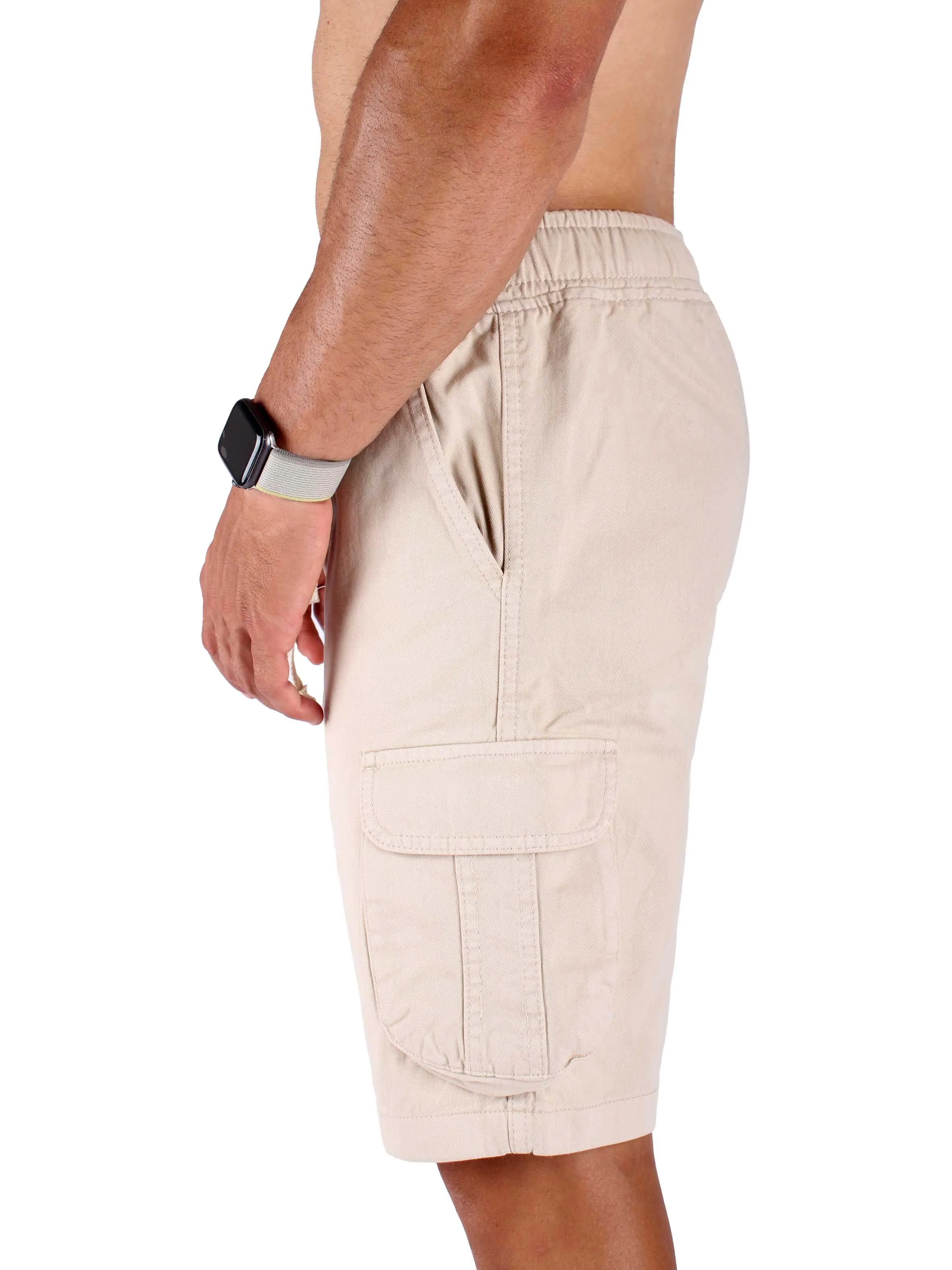 Washed Cargo Shorts With Elastic Waist For Men - Beige