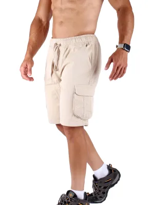 Washed Cargo Shorts With Elastic Waist For Men - Beige