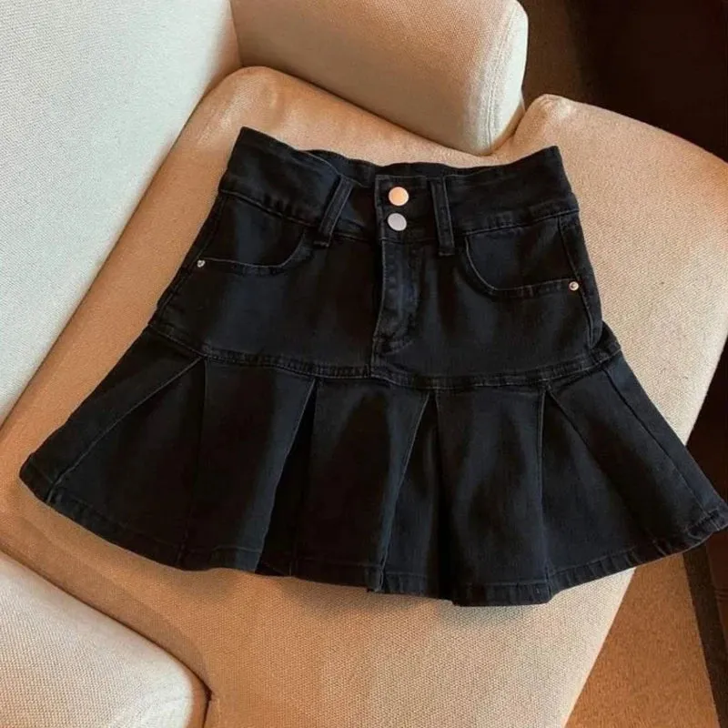 Wjczt Spring Autumn Girls Pleated Skirt Baby Denim Skirt Kids Skort Children Fashion Bottoms Ruched Soft 3-14Y Blue Skirt
