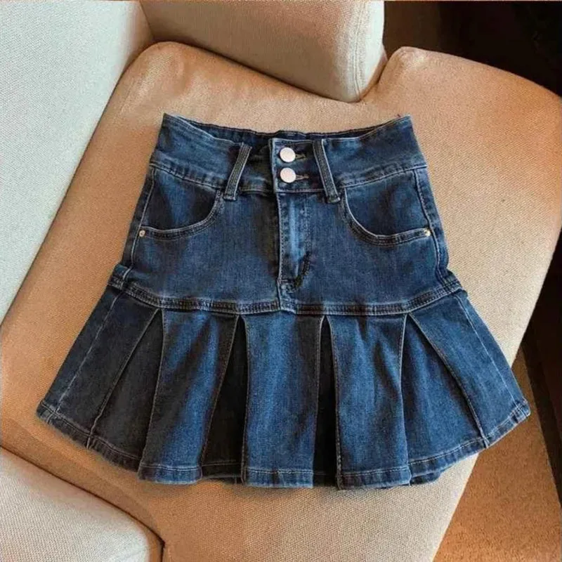 Wjczt Spring Autumn Girls Pleated Skirt Baby Denim Skirt Kids Skort Children Fashion Bottoms Ruched Soft 3-14Y Blue Skirt