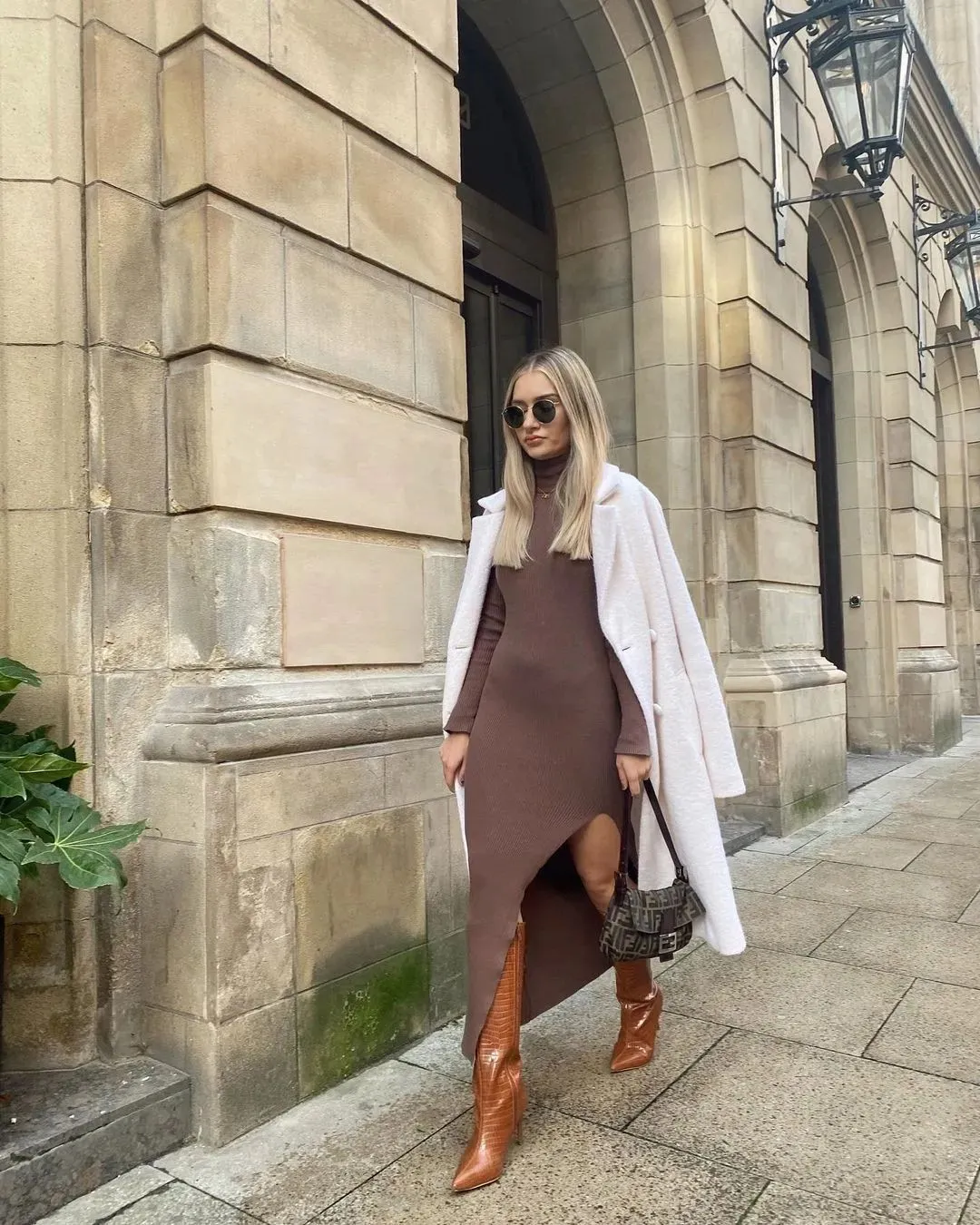 Women Long Sleeves High-Neck Elastic Midi Dress Knit Sweater Dress