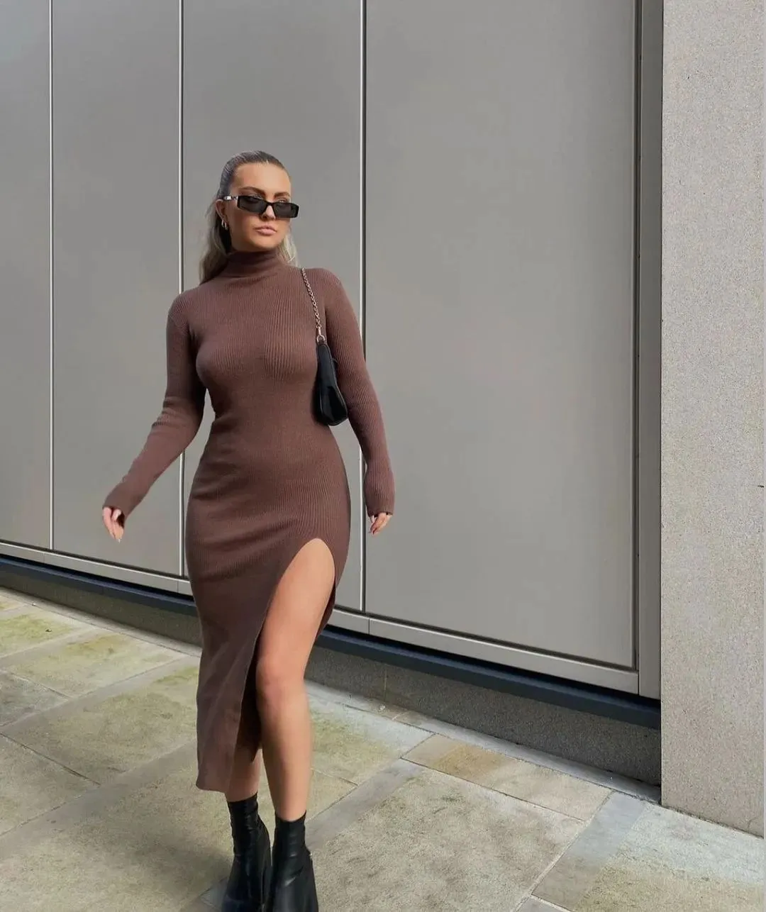 Women Long Sleeves High-Neck Elastic Midi Dress Knit Sweater Dress