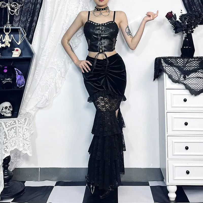 Women's Gothic Layered Lace Splice Velvet Fishtail Skirt