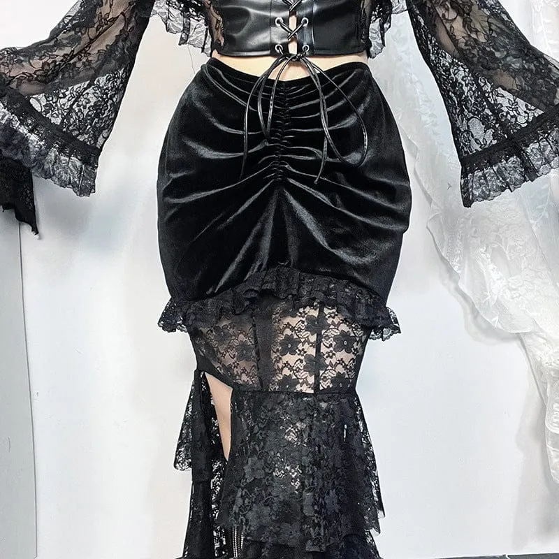 Women's Gothic Layered Lace Splice Velvet Fishtail Skirt