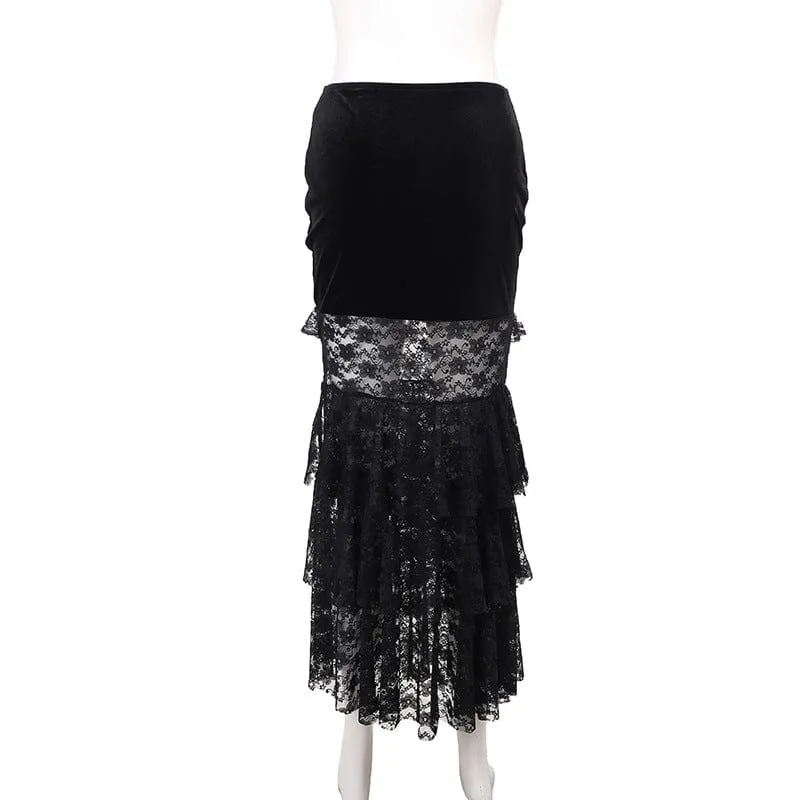 Women's Gothic Layered Lace Splice Velvet Fishtail Skirt
