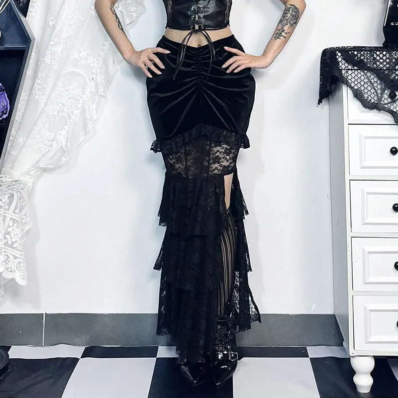 Women's Gothic Layered Lace Splice Velvet Fishtail Skirt