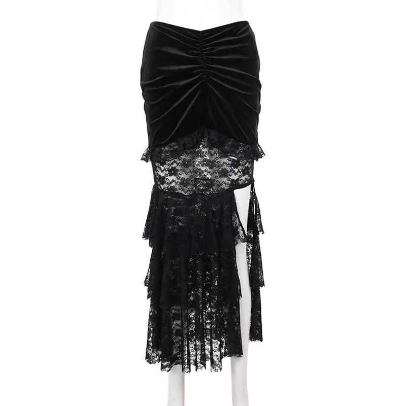 Women's Gothic Layered Lace Splice Velvet Fishtail Skirt