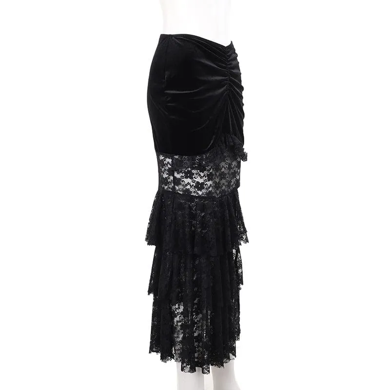 Women's Gothic Layered Lace Splice Velvet Fishtail Skirt