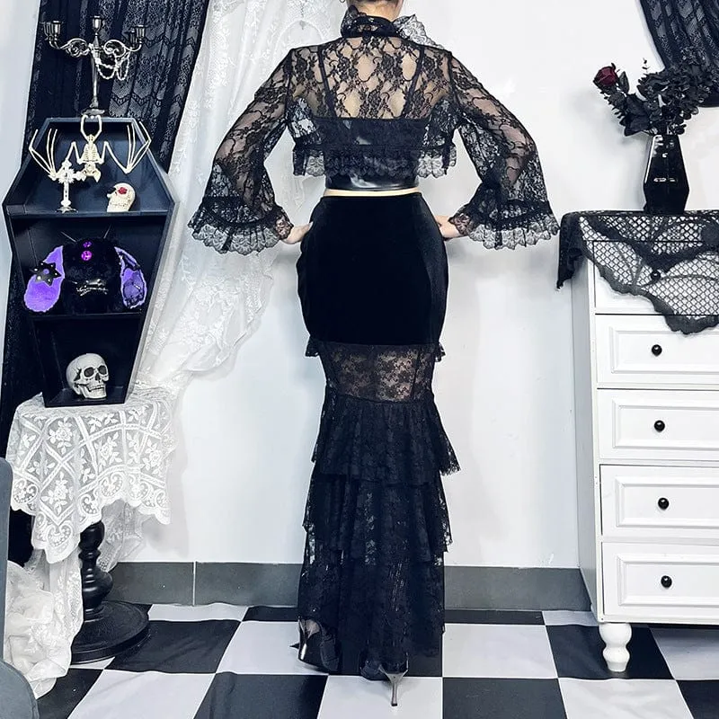 Women's Gothic Layered Lace Splice Velvet Fishtail Skirt
