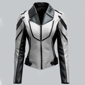 Womens White and Black Faux Leather Biker Jacket