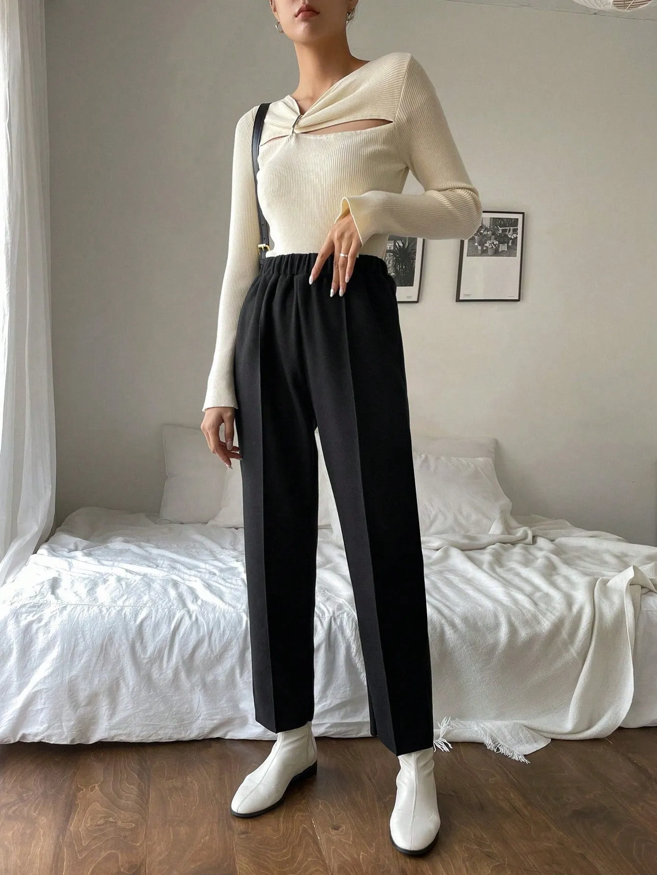 Wool High Waist Seam Detail Pants