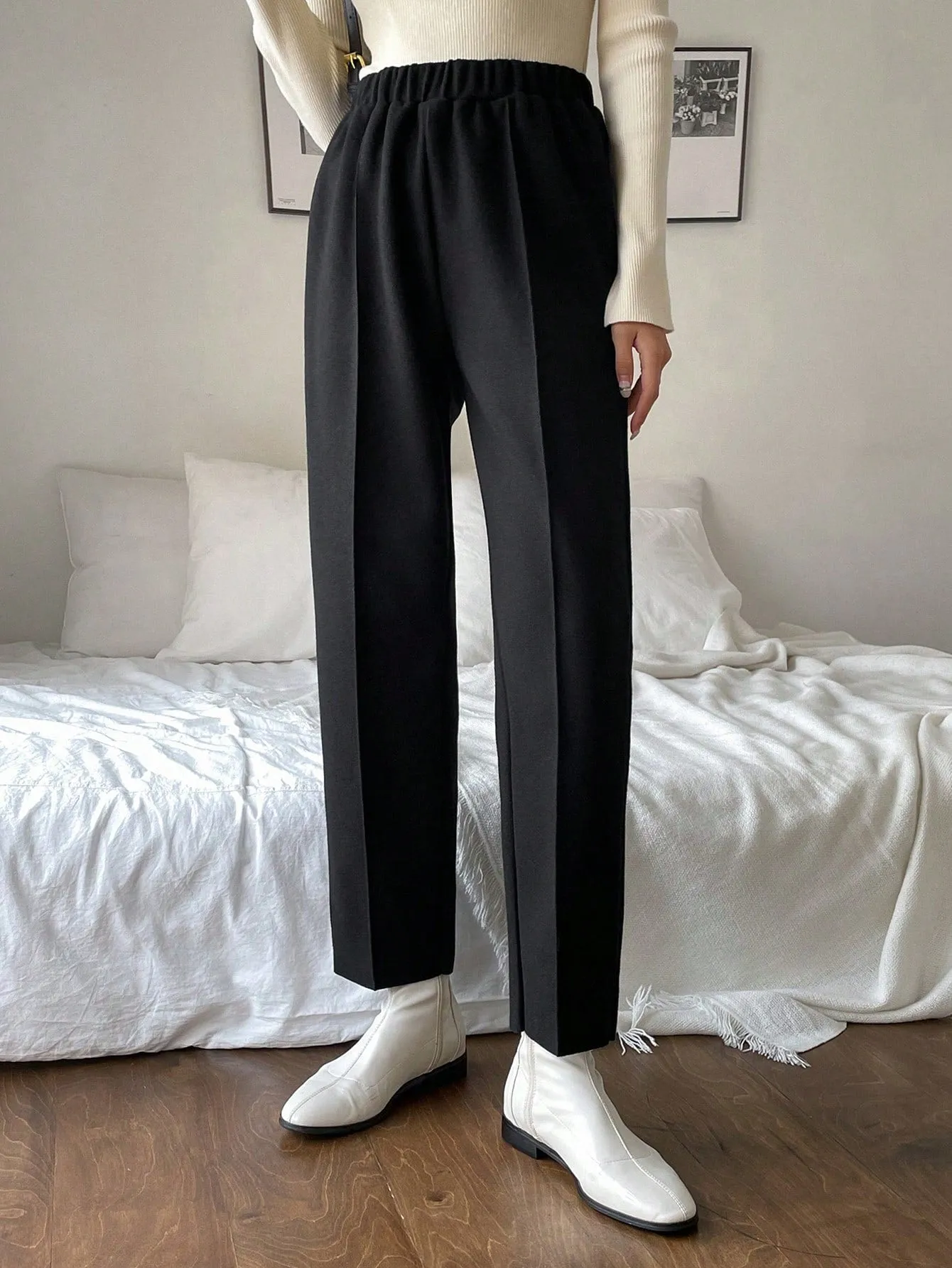 Wool High Waist Seam Detail Pants
